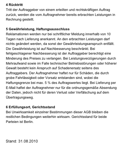 agb, Ruecktritt, Gewaehrleistung, Haftungsausschluss, Erfuellungsort Berlin